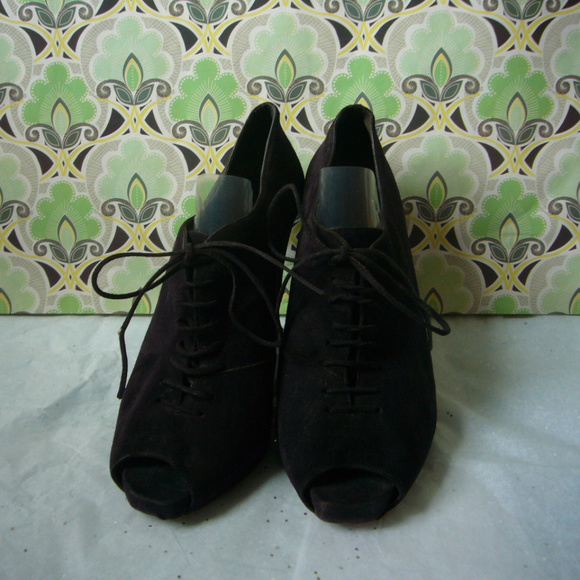 Pied a Terre Black Suede Sculpted Wedge Peep Toe Boot Lace up  Size 41 US 10 - Picture 5 of 8